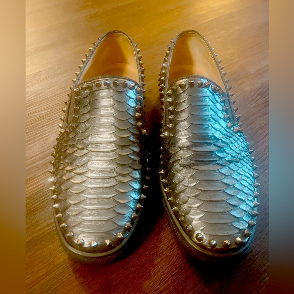 Christian Louboutin Silver Python Roller Boat Spiked Slip On Sneakers Size 42